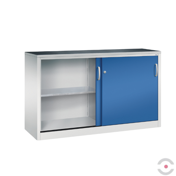 Szafa warsztatowa M, 2 półki, mata, drzwi przesuwne, ścianka działowa, W*S*G 1000*1600*500 mm, szary/niebieski