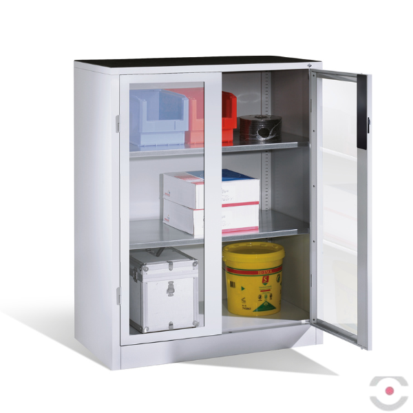 Szafa warsztatowa M, 2 półki, mata, drzwi dwuskrzydłowe, przeszklone, W*S*G 1200*930*500 mm, szary