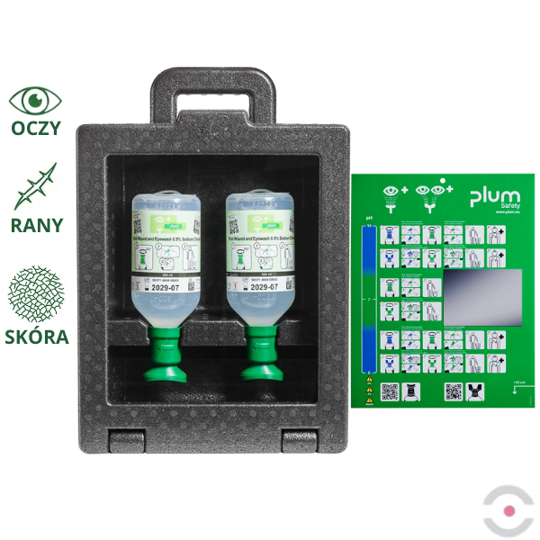 Zestaw naścienny zamykany Plum iBOX - roztwór do płukania oka i ran Plum, butelka 2*500 ml, chlorek sodu 0,9%, piktogram, lustro, MDR