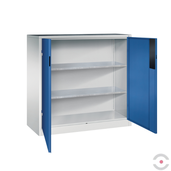 Szafa warsztatowa M, nośność do 700 kg, 2 półki, mata, drzwi dwuskrzydłowe, W*S*G 1200*1200*500 mm, szary/niebieski