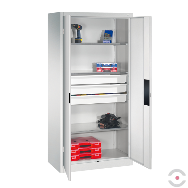 Szafa warsztatowa L, nośność do 700 kg, 3 półki, 3 szuflady, drzwi dwuskrzydłowe, W*S*G 1950*930*500 mm, szary