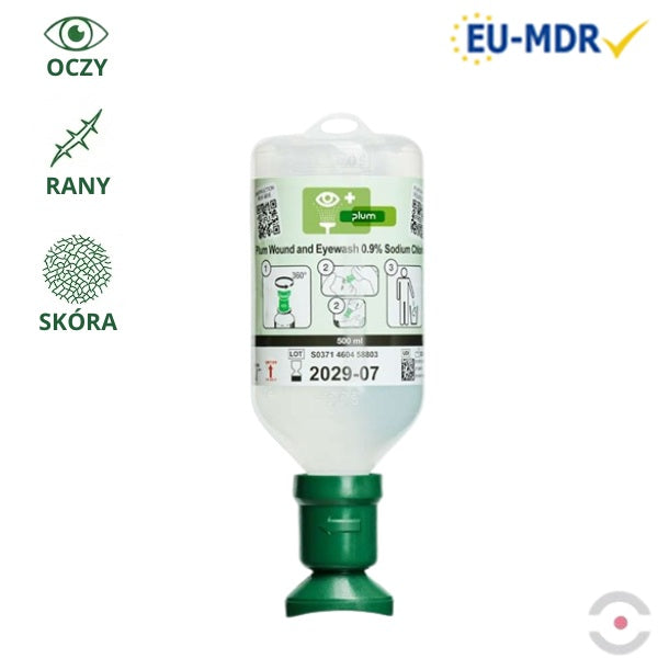 Roztwór do płukania oka i ran Plum, ciało obce, butelka 500 ml, chlorek sodu 0,9%, MDR
