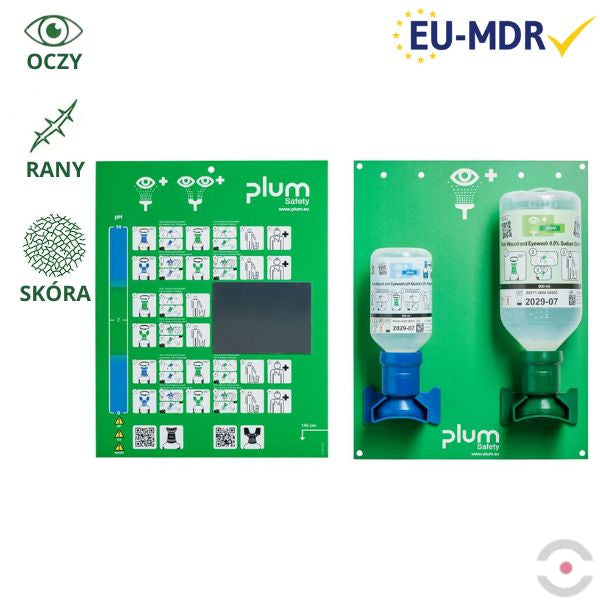 Zestaw naścienny Plum COMBI - roztwór do płukania oka, ciało obce, kwas i zasada, butelka 1*500 ml, 1*200 ml, piktogram, lustro, MDR