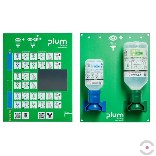 Zestaw naścienny Plum COMBI - roztwór do płukania oka, ciało obce, kwas i zasada, butelka 1*500 ml, 1*200 ml, piktogram, lustro, MDR