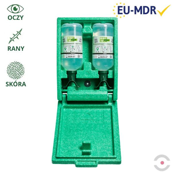 Zestaw naścienny zamykany Plum Green Box - roztwór do płukania oka i ran, DUO, butelka 2*1000 ml, chlorek sodu 0,9%, piktogram, lustro, MDR