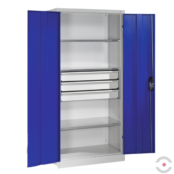 Szafa warsztatowa L, 3 półki, 3 szuflady, drzwi dwuskrzydłowe, W*S*G 1950*930*600 mm, szary/niebieski
