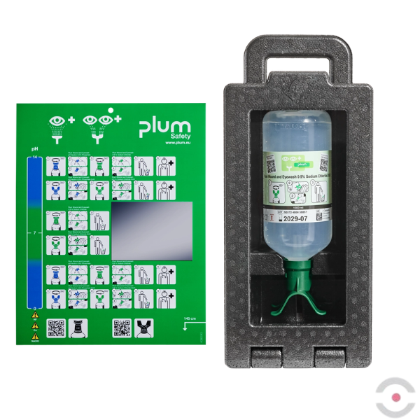 Zestaw naścienny zamykany Plum iBOX - roztwór do płukania oka, ciało obce, DUO butelka 1*1000 ml, chlorek sodu 0,9%, piktogram, lustro