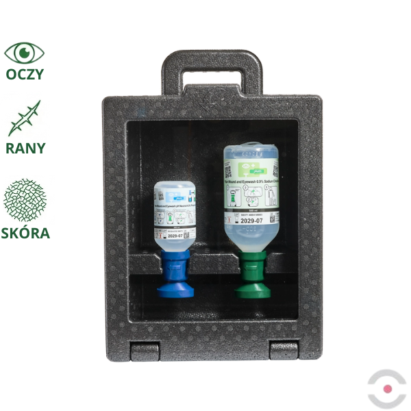 Zestaw naścienny zamykany Plum iBOX - roztwór do płukania oka i ran, ciało obce, kwas i zasada, butelka 1*500 ml, 1*200 ml, piktogram, lustro, MDR