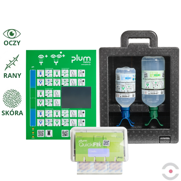 Zestaw naścienny zamykany Plum iBOX - roztwór do płukania oka i ran, ciało obce, kwas i zasada, DUO, butelka 1*1000 ml, 1*500 ml, dozownik z plastrami, MDR