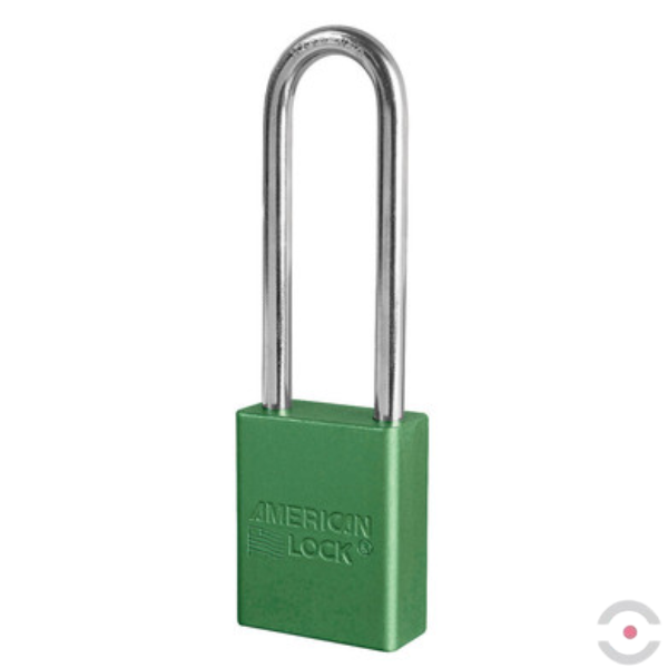 Kłódka zabezpieczająca, korpus anod. aluminium, bardzo długi kabłąk stal borowa 6 mm, cylinder 5 bolców, wykrywalna, klucz KA, zielona