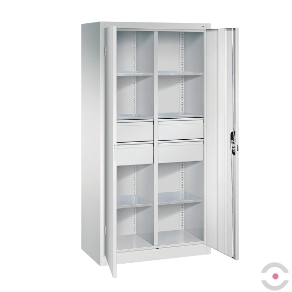 Szafa warsztatowa L, 6 półek, 4 szuflady, drzwi dwuskrzydłowe, ścianka działowa, W*S*G 1950*930*500 mm, szary