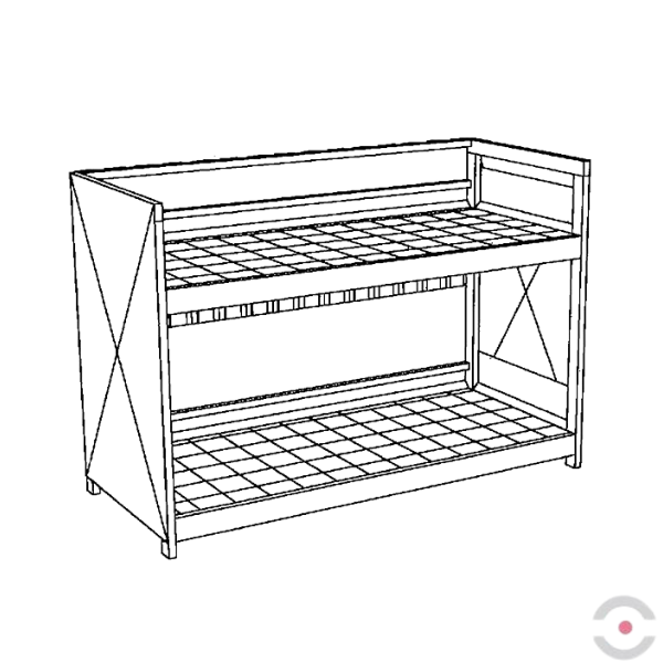 Regał półotwarty (WSC 2.30), 2*poziomy skład. kratownica, 1*moduł, 20*200 l beczka, wanna 650 l