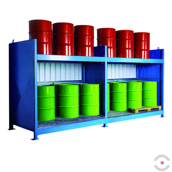 Regał półotwarty (WSC 2.60), 2*poziomy skład. kratownica, 2*moduł, 40*200 l beczka, wanna 2*650 l