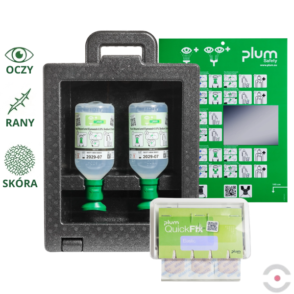 Zestaw naścienny zamykany Plum iBOX - roztwór do płukania oka i ran, ciało obce, butelka 2*500 ml, chlorek sodu 0,9%, dozownik z plastrami, MDR