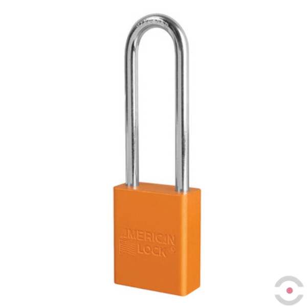 Kłódka zabezpieczająca, korpus anod. aluminium, bardzo długi kabłąk stal borowa 6 mm, cylinder 5 bolców, wykrywalna, klucz KA, pomarańczowa