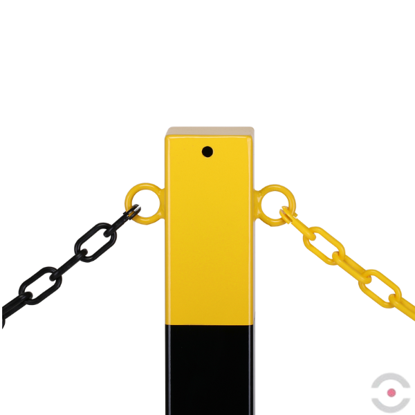 Słupek stalowy, kwadrat. 70*70 mm, wpuszczany, 2*uchwyt oczkowy, ocynkow. malow. żółty/czarny