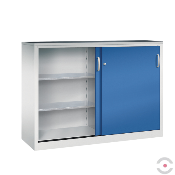 Szafa warsztatowa M, 4 półki, mata, drzwi przesuwne, ścianka działowa, W*S*G 1200*1600*500 mm, szary/niebieski