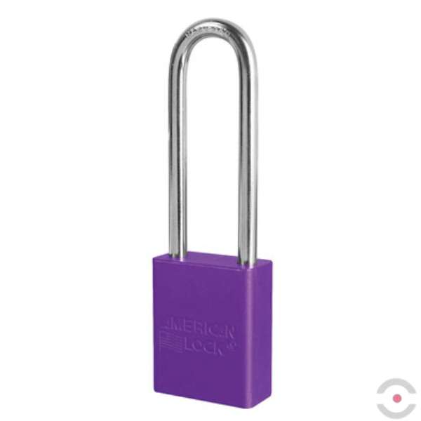 Kłódka zabezpieczająca, korpus anod. aluminium, bardzo długi kabłąk stal borowa 6 mm, cylinder 6 bolców, wykrywalna, klucz KA/MK, purpurowa