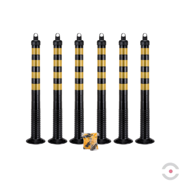 Zestaw 6* słupek, elastyczny, okrągły, śr. 80 mm, W*1000 mm, łańcuch 10 m, żółty/czarny