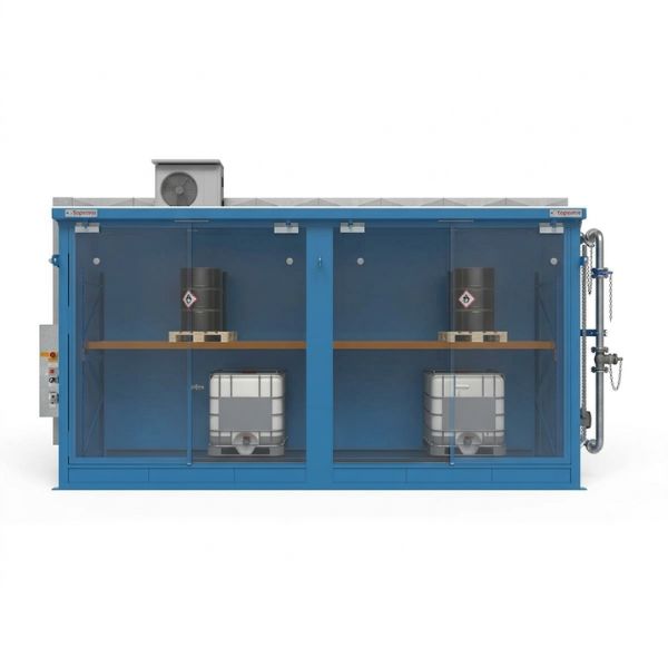 Magazyn ognioodporny Topserw, REI120, 2 poziomy/2 segmenty, 8*1000 l KTC/IBC, 2*1000 l, 2*drzwi dwuskrzydłowe