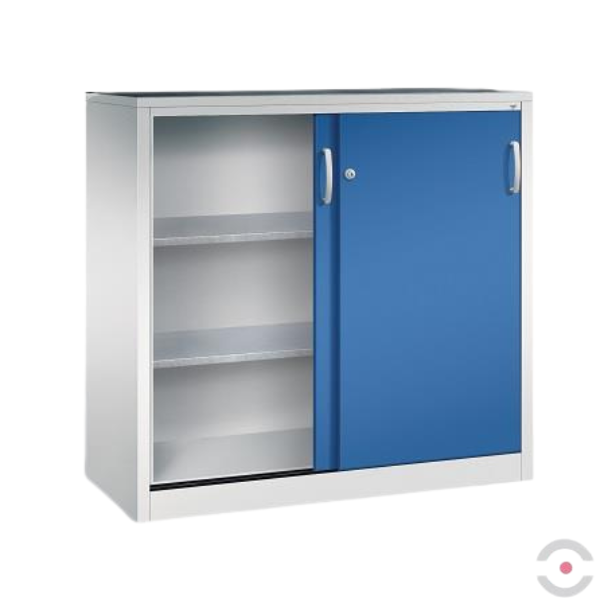 Szafa warsztatowa M, 2 półki, mata, drzwi przesuwne, W*S*G 1200*1200*500 mm, szary/niebieski