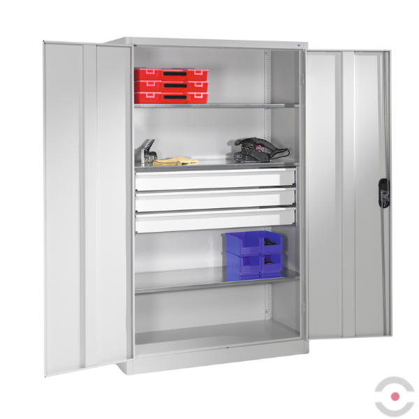 Szafa warsztatowa XL, 3 półki, 3 szuflady, drzwi dwuskrzydłowe, W*S*G 1950*1200*600 mm, szary