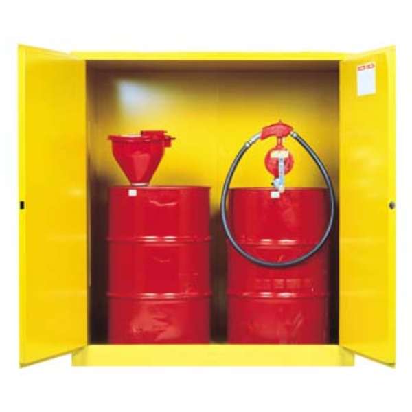 Szafa zabezpieczająca (beczki) Justrite DRUM, 2*200 l, pion, 2-drzwiowa ZR, 1 półka, żółty