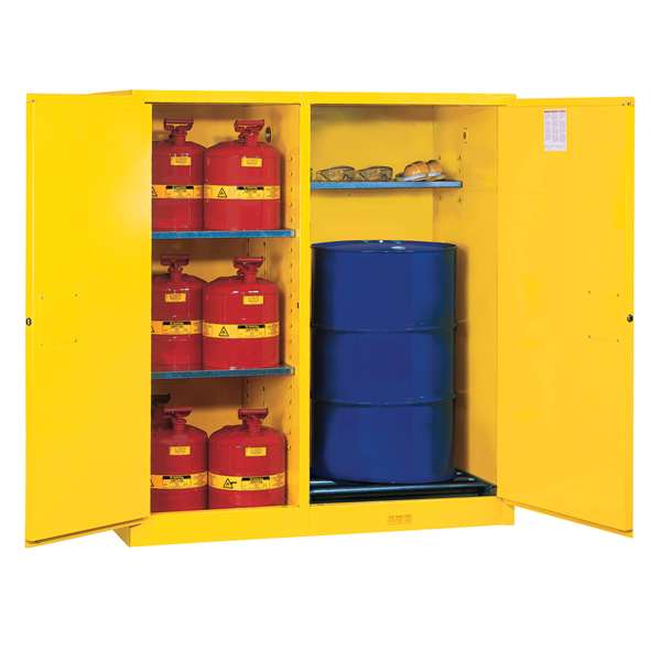 Szafa zabezpieczająca (beczki) Justrite DRUM XXL, 1*200 l, pion, rolki, 2 komory, 3 półki, żółty