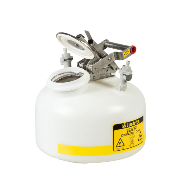 Pojemnik polietylenowy Justrite do zbierania odpadów HPLC, okrągły 7.5 l, złącze 1 PN, złącze 2 PN, biały
