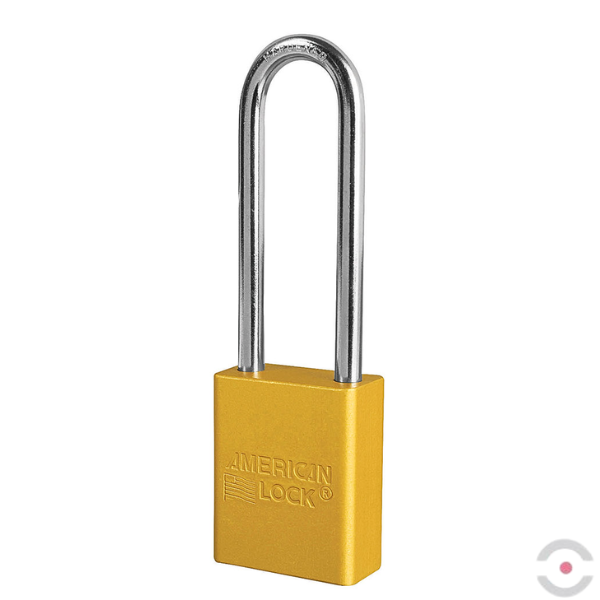 Kłódka zabezpieczająca, korpus anod. aluminium, bardzo długi kabłąk stal borowa 6 mm, cylinder 6 bolców, wykrywalna, klucz KA/MK, żółta