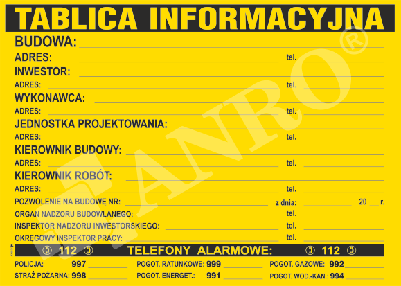 Znak Tablica informacyjna budowlana 700x500mm P (B1)