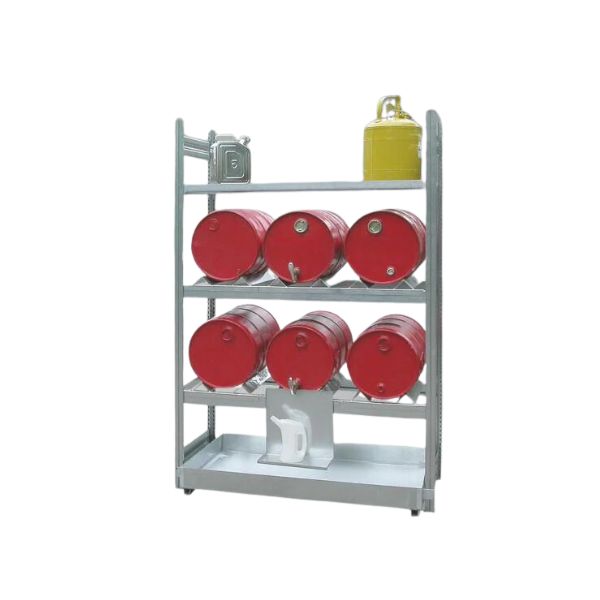 System regałowy, 3 poziomy skład., 2*3 beczka 60 l poziomo, 1*półka (krata), 1*wanna wychwyt. 60 l, (regał), moduł dodatkowy