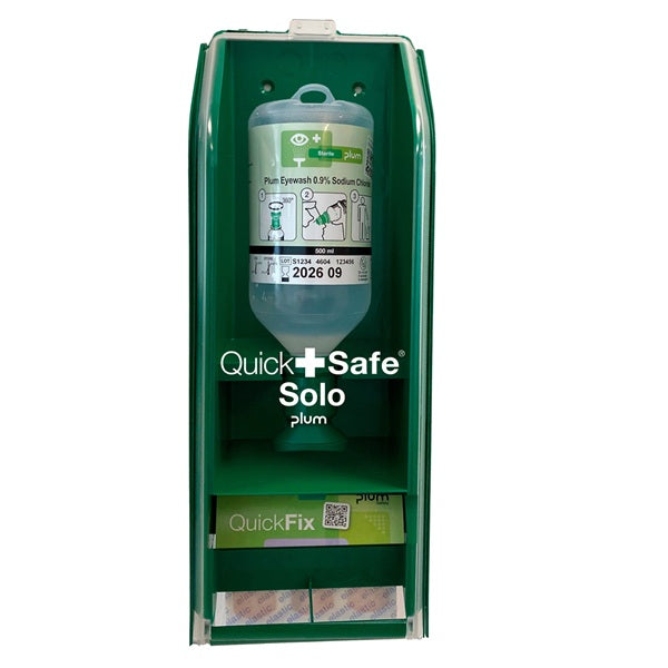 Zestaw naścienny Plum SOLO - roztwór do płukania oka, ciało obce, butelka 1*500 ml, chlorek sodu 0,9%, 1*plastry wodoodporne (45 sztuk)
