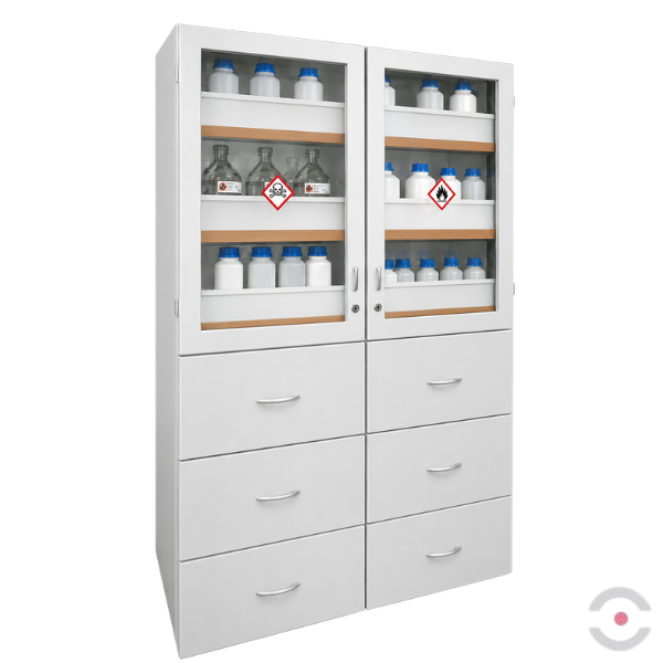 Szafa zabezpieczająca (kwasy, zasady) Topserw MODUS XL, 4 komory, 4 półki wysuwane, 6 szuflad, drzwi CLA-GL