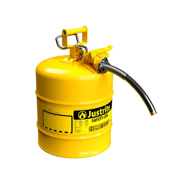 Pojemnik zabezpieczający Justrite stalowy na płyny łatwopalne Typ II, wąż spustowy 16 mm, 19 l, żółty