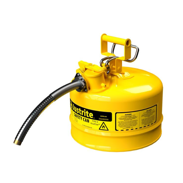 Pojemnik zabezpieczający Justrite stalowy na płyny łatwopalne Typ II, wąż spustowy 16 mm, 9,5 l, żółty