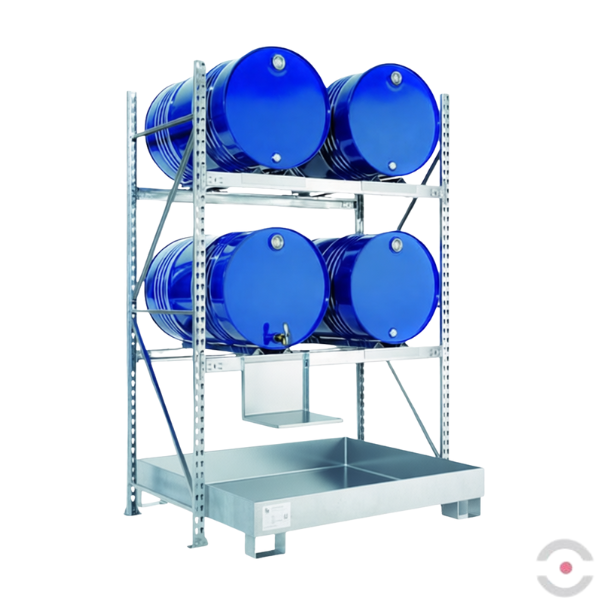 Regał magazynowy Topserw, 2 poziomy skład., 2*2 beczka 200 l poziomo, wanna 210 l b/kratow., S*G*W 1507*800*2200 mm, moduł podstawowy