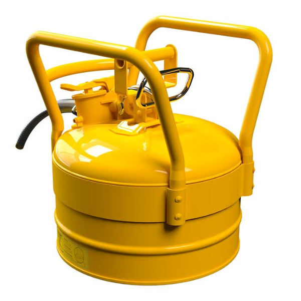 Pojemnik zabezpieczający Justrite stalowy na płyny łatwopalne Typ II, D.O.T. wąż spustowy 16 mm, 9,5 l, żółty
