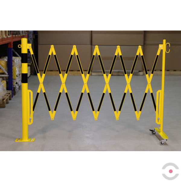 Bariera nożycowa, dł. 3600 mm, słupek śr. 60 mm, kółka, czarny/żółty