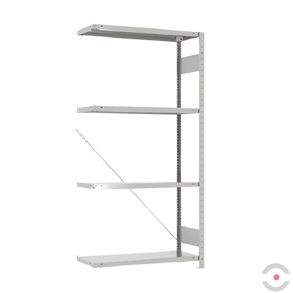 Regał półkowy, wtykowy, moduł dodatkowy, 4 półki, 1 rama, 2 napinacze, W*S*G 2000*1006*436 mm, stalowy