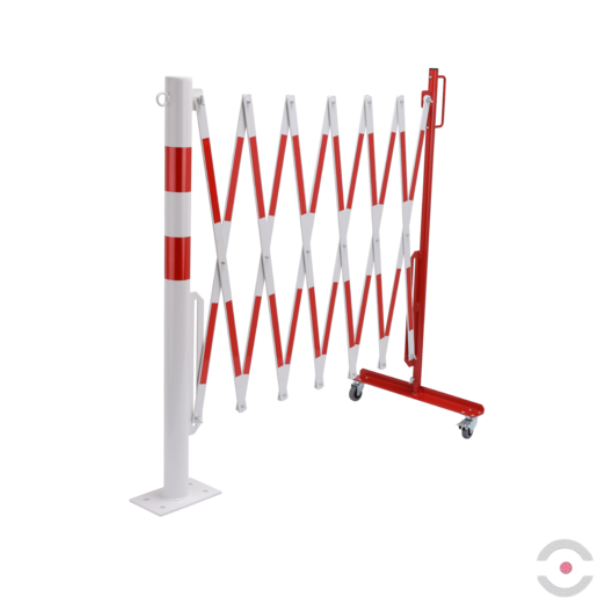 Bariera nożycowa, dł. 3600 mm, słupek śr. 60 mm, kółka, czerwony/biały