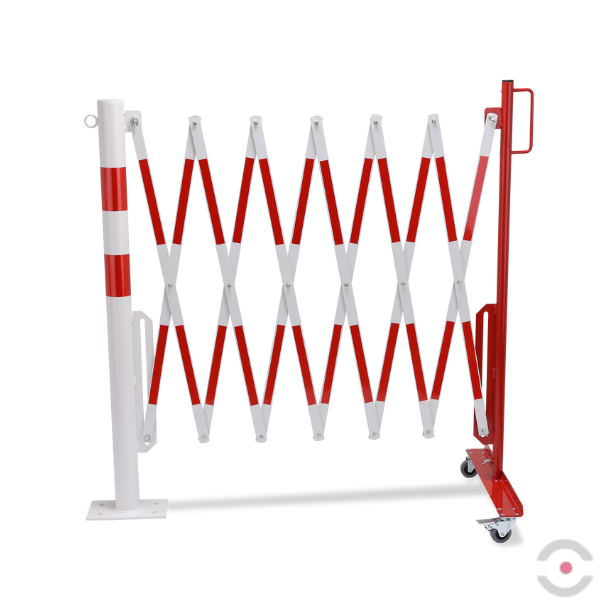 Bariera nożycowa, dł. 3600 mm, słupek śr. 60 mm, kółka, czerwony/biały