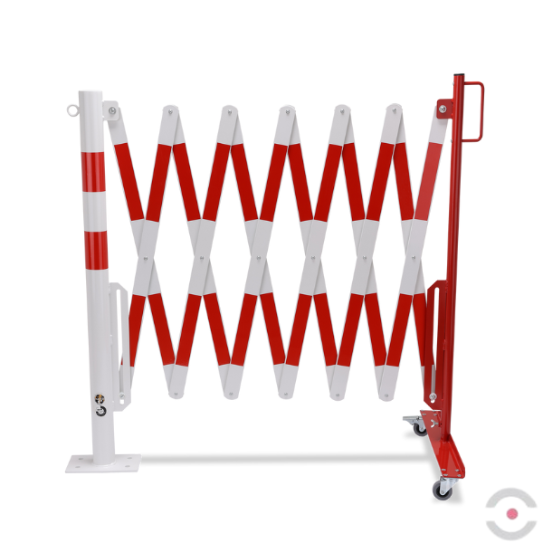 Bariera nożycowa, dł. 4000 mm, słupek śr. 60 mm, kółka, czerwony/biały