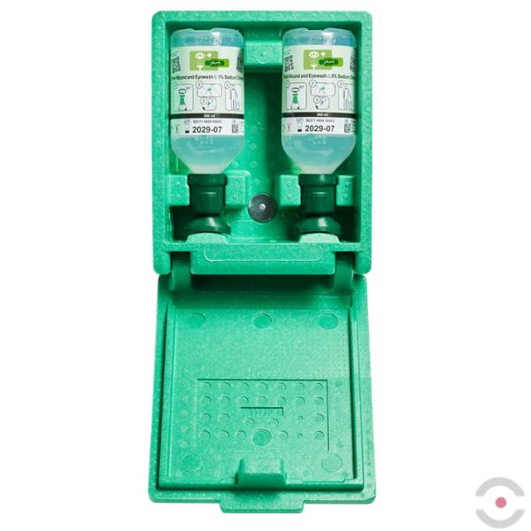 Zestaw naścienny zamykany Plum Green Box - roztwór do płukania oka i ran, butelka 2*500 ml, chlorek sodu 0,9%, piktogram, lustro, MDR