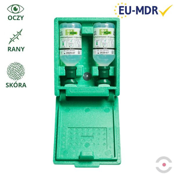 Zestaw naścienny zamykany Plum Green Box - roztwór do płukania oka i ran, butelka 2*500 ml, chlorek sodu 0,9%, piktogram, lustro, MDR