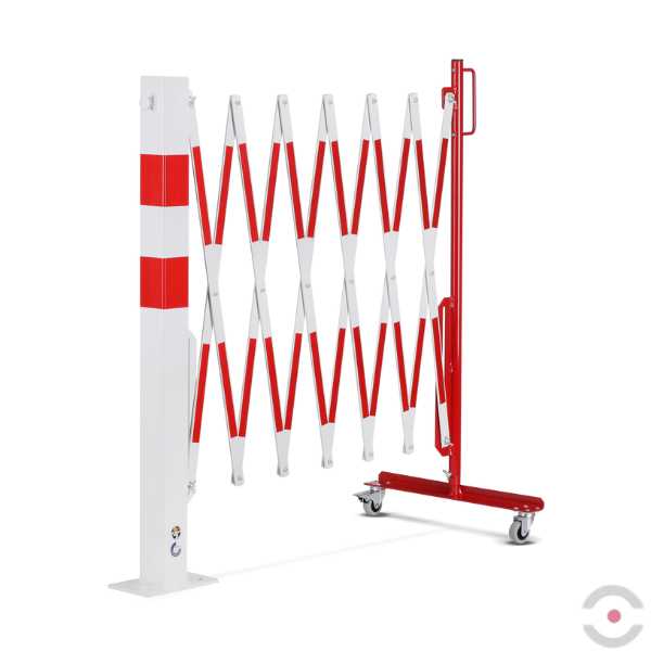 Bariera nożycowa, dł. 3600 mm, słupek 70x70 mm, kółka, czerwony/biały