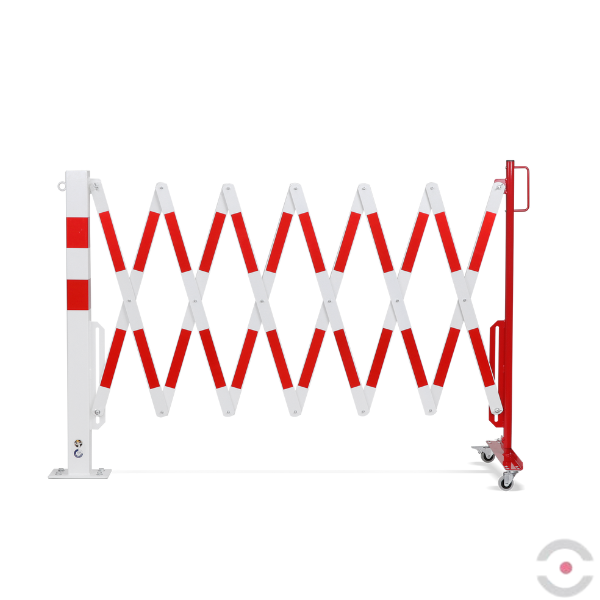 Bariera nożycowa, dł. 4000 mm, słupek 70x70 mm, kółka, czerwony/biały