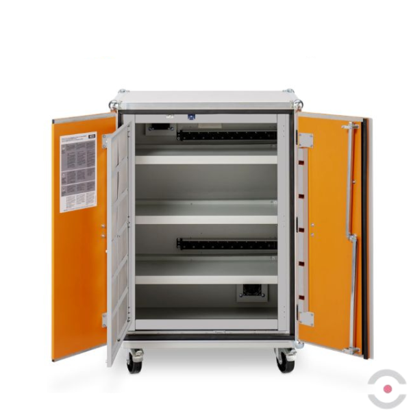 Szafa zabezpieczająca Topserw BATT M, ładowanie akumulatorów, 230V, 3 półki, 18 gniazd, kółka, Premium Plus 8/10, (VDMA 24994)
