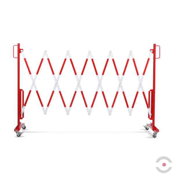 Bariera nożycowa, dł. 4000 mm, kółka, czerwony/biały