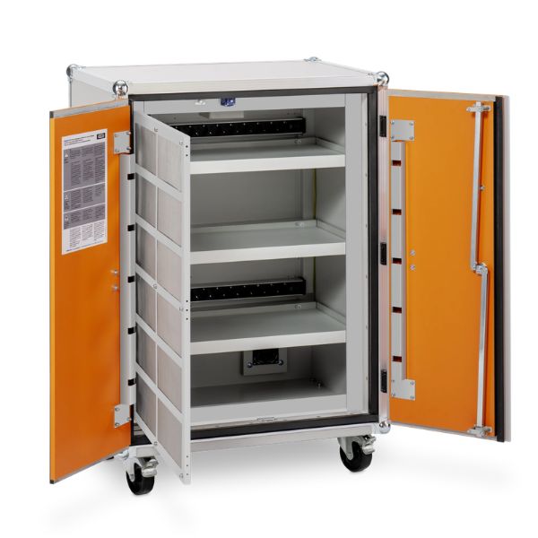 Szafa zabezpieczająca Topserw BATT M, ładowanie akumulatorów, 230V, 3 półki, 18 gniazd, kółka, Basic 8/10, (VDMA 24994)